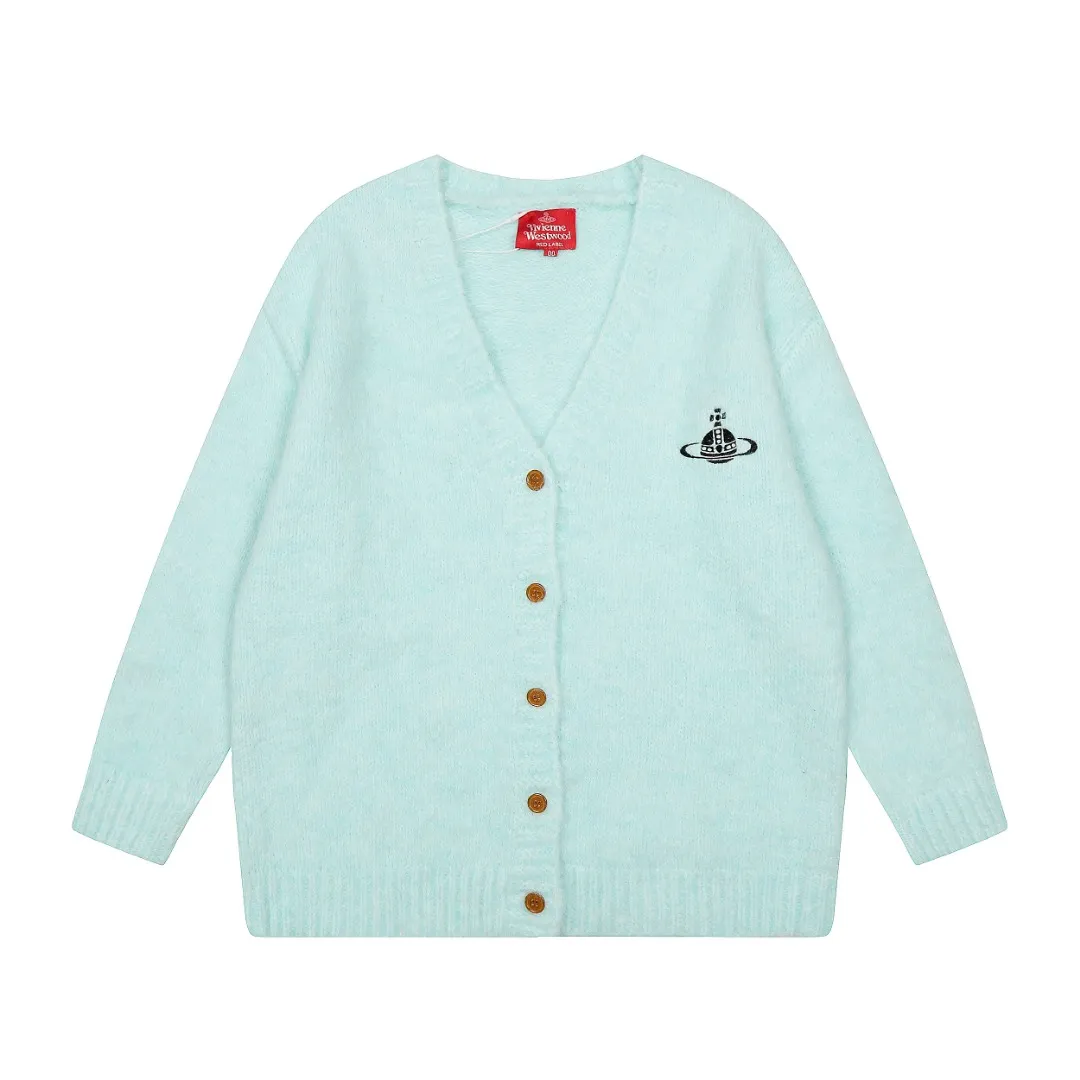 VIVI top quality - limited to Japan" vivienne west wood 25th autumn and winter new three-color wool embroidered cardigan Color: Gray Pink Blue Size: S M L